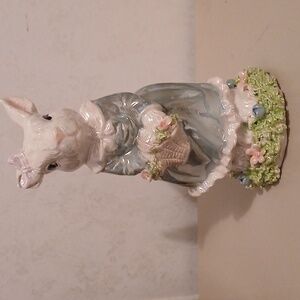 Tabletop Bunny Figural  Dressed, satchel & basket w raised floral spaghe